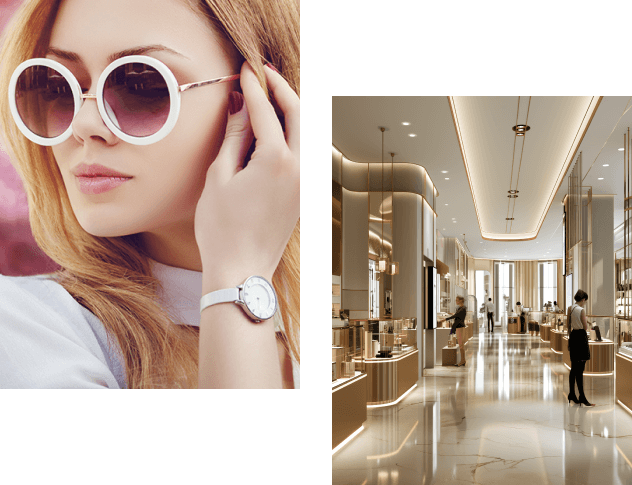 [Left] Portrait of a woman wearing large white sunglasses and a white wristwatch. [Right] Elegant interior of a modern, well-lit shopping mall with shoppers browsing.